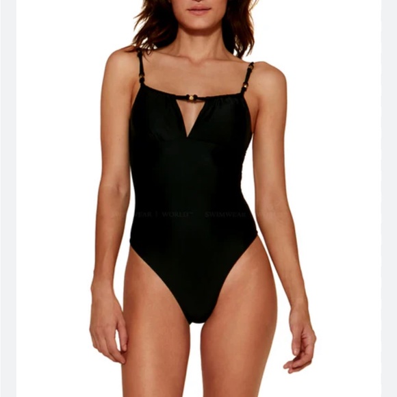 VIX Paula Hermanny black one piece‎ swimsuit gold trim S NWT - Picture 1 of 10